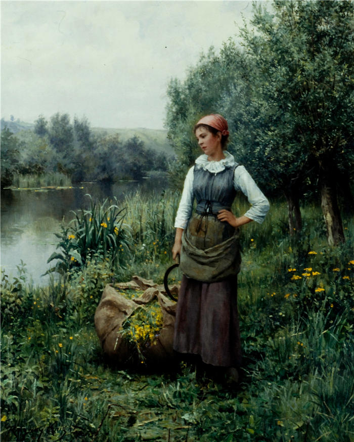 丹尼尔·里齐微·齐施（Daniel Ridgway Knight，美国画家）高清作品-《小溪边的女孩，佛兰德斯（c. 1890）》