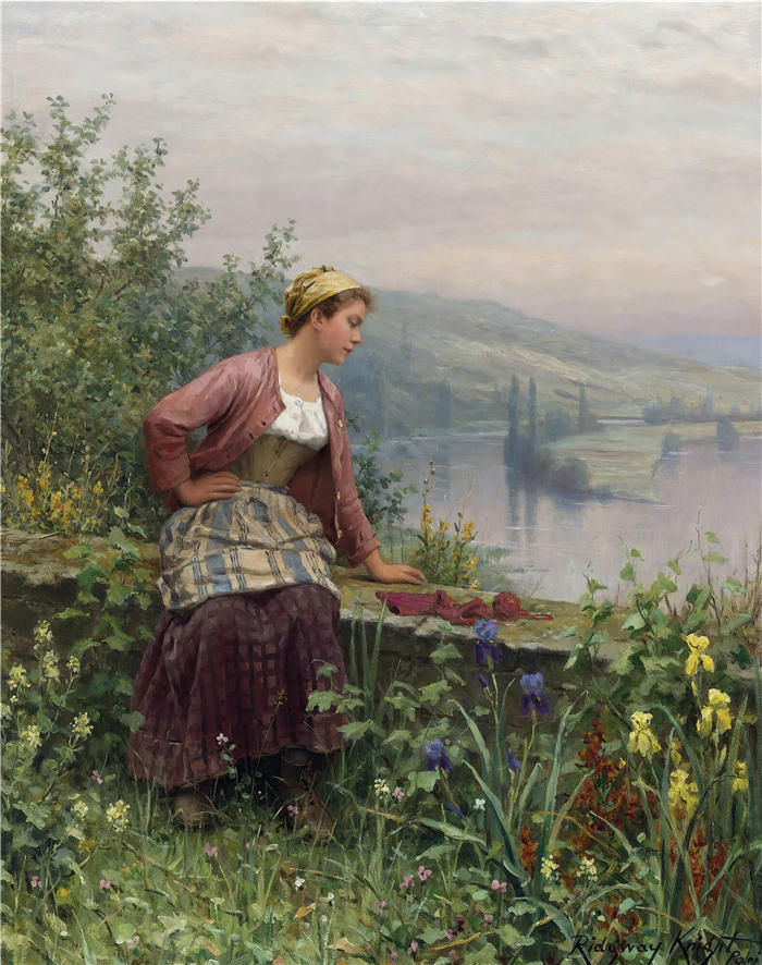 丹尼尔·里齐微·齐施(Daniel Ridgway Knight,美国画家)高清作品-《布列塔尼女孩俯瞰溪流》