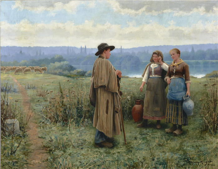 丹尼尔·里齐微·齐施（Daniel Ridgway Knight，美国画家）高清作品-《空闲时刻（约 1890 年）》