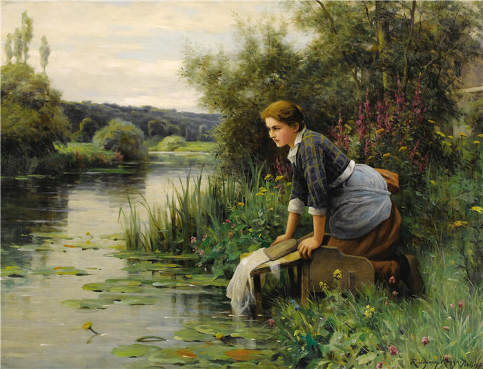 丹尼尔·里齐微·齐施(Daniel Ridgway Knight,美国画家)高清作品-《水边洗衣店 (1922)》