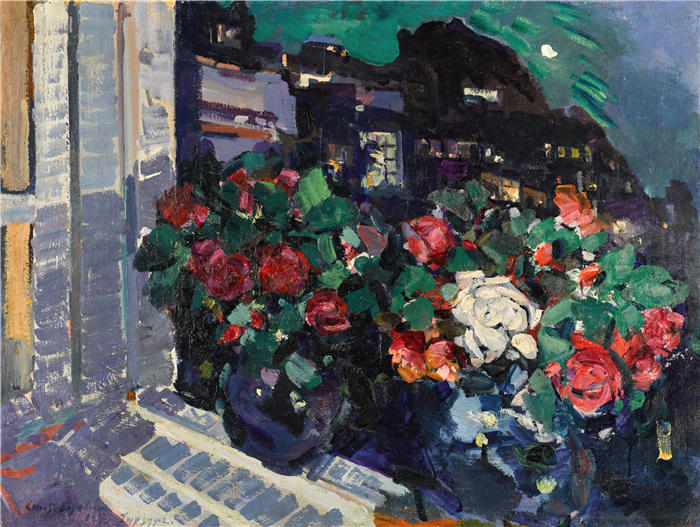 康斯坦丁·阿列克谢耶维奇·柯罗文（Konstantin Alexeevich Korovin，俄罗斯画家）高清作品-《窗台上的玫瑰，古尔祖夫 (1917)》