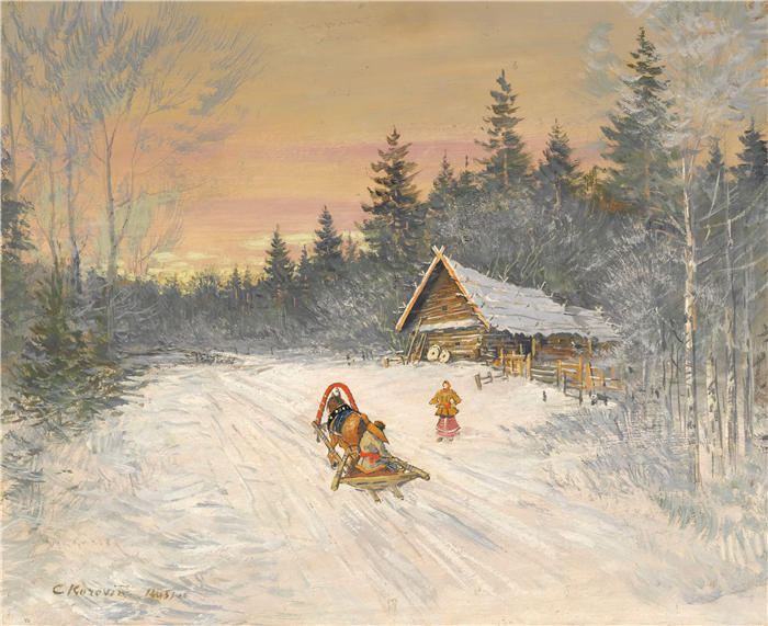 康斯坦丁·阿列克谢耶维奇·柯罗文（Konstantin Alexeevich Korovin，俄罗斯画家）高清作品-《雪下的俄罗斯村庄》