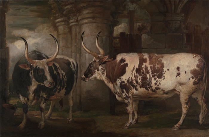 詹姆斯·沃德（James Ward，英国画家）高清作品-《两只非凡的牛的肖像》