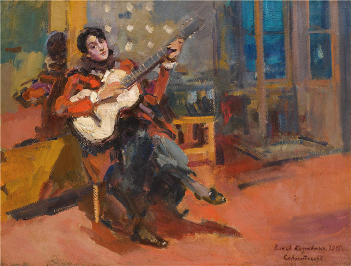 康斯坦丁·阿列克谢耶维奇·柯罗文（Konstantin Alexeevich Korovin，俄罗斯画家）高清作品-《吉他手 (1915)》