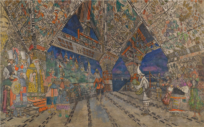 康斯坦丁·阿列克谢耶维奇·柯罗文（Konstantin Alexeevich Korovin，俄罗斯画家）高清作品-《Le Coq D'or (1912) 的舞台设计》