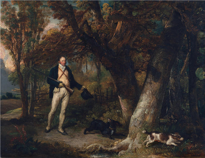 詹姆斯·沃德（James Ward，英国画家）高清作品-《牧师托马斯莱维特和最喜欢的狗，公鸡射击（1811）》