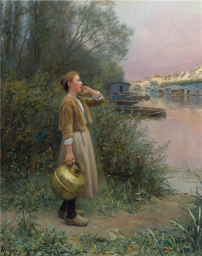 丹尼尔·里齐微·齐施（Daniel Ridgway Knight，美国画家）高清作品-《拿着水壶的女孩》