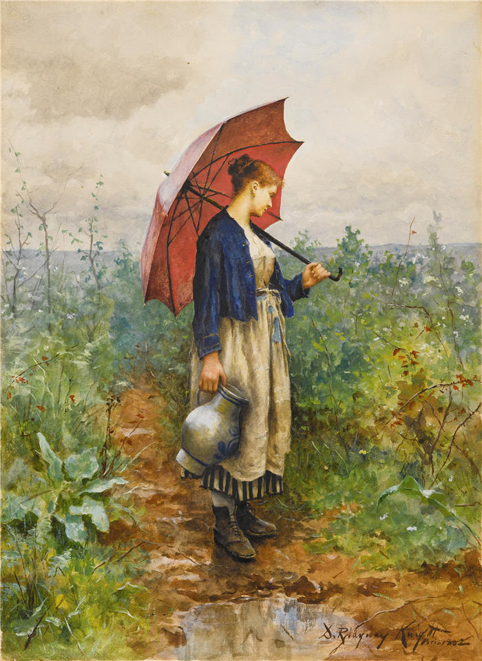 丹尼尔·里齐微·齐施（Daniel Ridgway Knight，美国画家）高清作品-《一个女人用雨伞收集水的肖像（1882 年）》