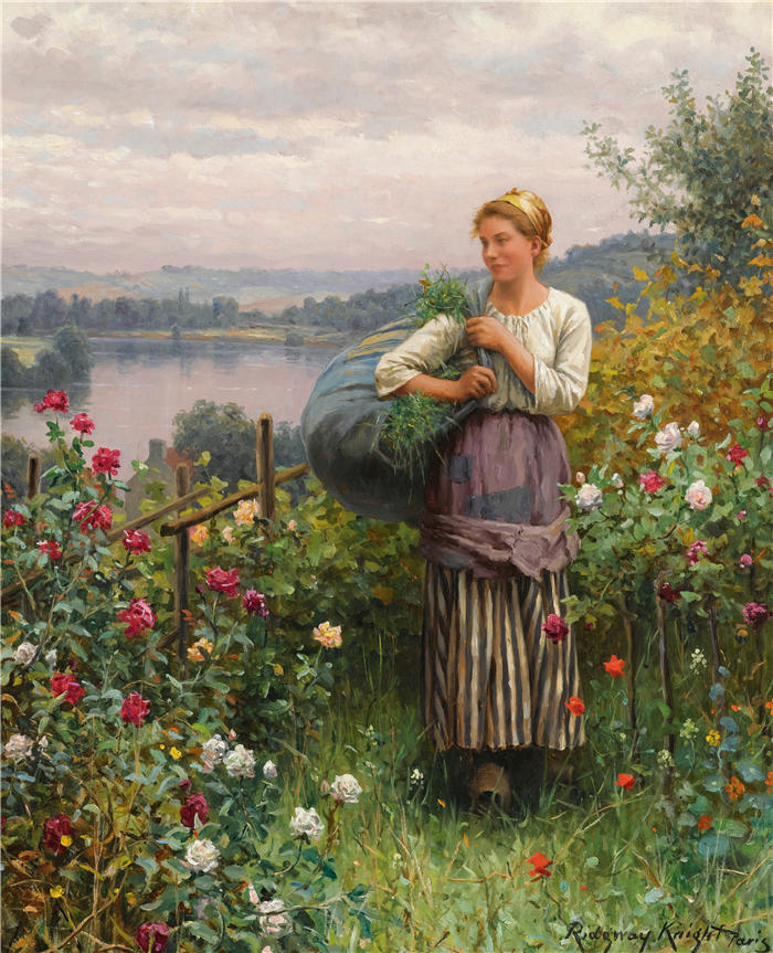 丹尼尔·里齐微·齐施(Daniel Ridgway Knight,美国画家)高清作品-《玫瑰园》