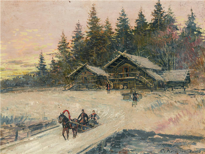 康斯坦丁·阿列克谢耶维奇·柯罗文（Konstantin Alexeevich Korovin，俄罗斯画家）高清作品-《三驾马车的冬季场景》