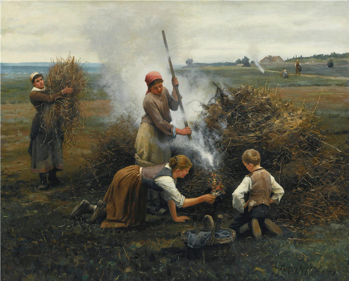 丹尼尔·里齐微·齐施(Daniel Ridgway Knight,美国画家)高清作品-《燃烧的画笔(1884)》