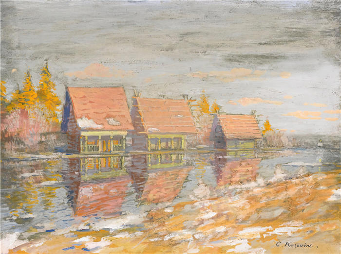 康斯坦丁·阿列克谢耶维奇·柯罗文（Konstantin Alexeevich Korovin，俄罗斯画家）高清作品-《河岸上的达恰斯》