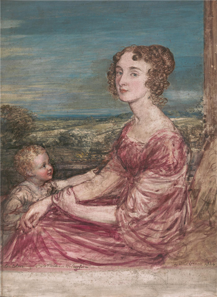 约翰·林内尔（John Linnell，英国画家）高清作品-《威廉威尔伯福斯夫人和孩子 (1824)》