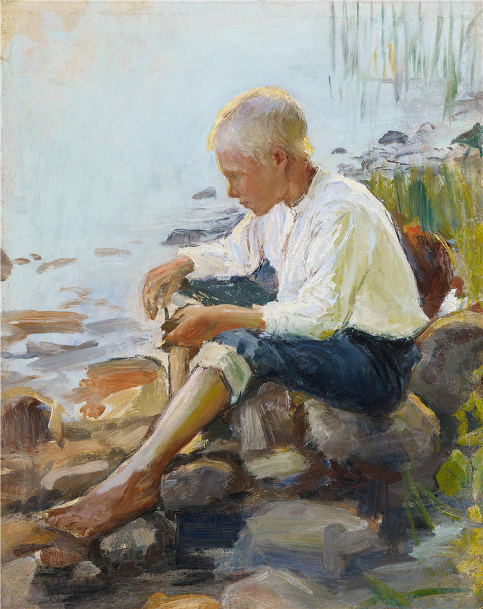 佩卡·哈洛宁(Pekka Halonen，芬兰画家）高清作品-《岸上的男孩 (1891 - 1893)》