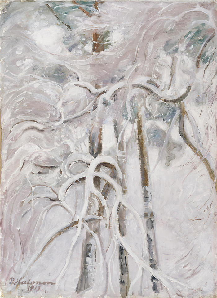 佩卡·哈洛宁(Pekka Halonen，芬兰画家）高清作品-《白雪皑皑的松树（1919）》