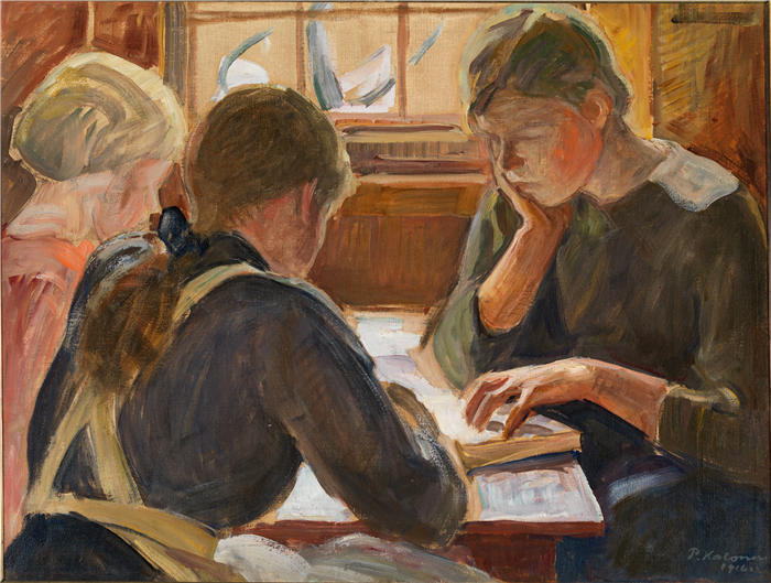 佩卡·哈洛宁(Pekka Halonen，芬兰画家）高清作品-《儿童阅读（1916）》