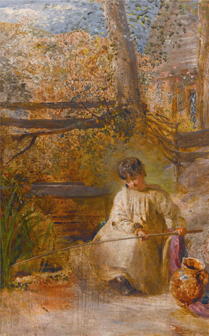 约翰·林内尔（John Linnell，英国画家）高清作品-《钓鱼的男孩 (1919)》