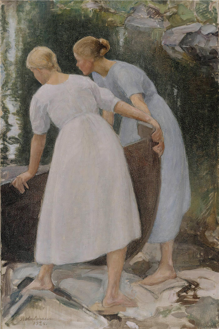 佩卡·哈洛宁(Pekka Halonen，芬兰画家）高清作品-《推船的女孩（1925）》