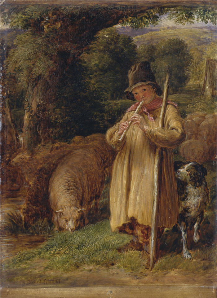 约翰·林内尔（John Linnell，英国画家）高清作品-《吹长笛的牧童 (1831)》