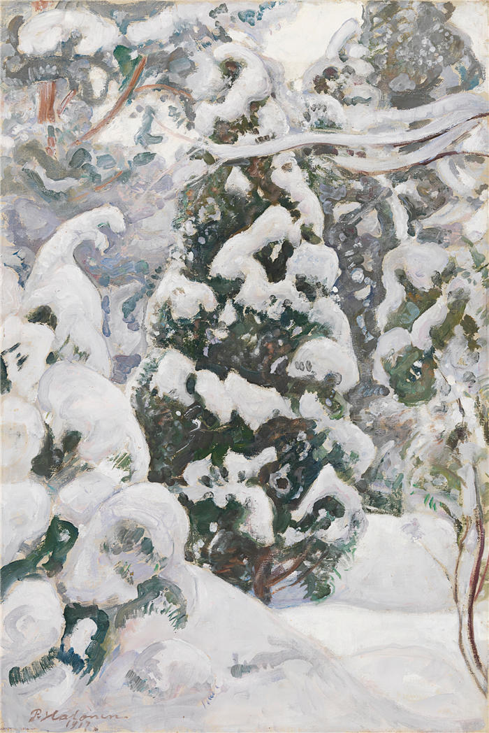 佩卡·哈洛宁(Pekka Halonen，芬兰画家）高清作品-《雪中​​的杜松树 (1917)》
