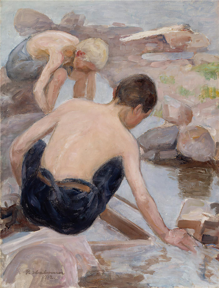 佩卡·哈洛宁(Pekka Halonen，芬兰画家）高清作品-《岸上的两个男孩 (1922)》