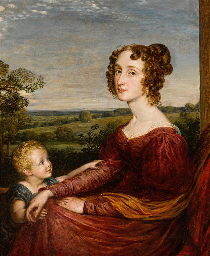 约翰·林内尔（John Linnell，英国画家）高清作品-《威廉威尔伯福斯夫人和孩子的肖像（1824 年）》
