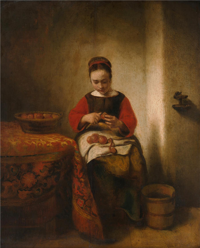 尼古拉斯·梅斯(Nicolaes Maes,荷兰画家)高清作品-《剥苹果的年轻女子(约 1655 年)》