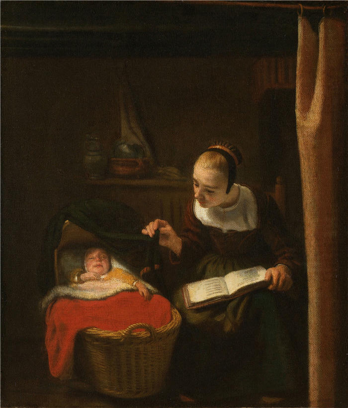 尼古拉斯·梅斯(Nicolaes Maes,荷兰画家)高清作品-《摇篮前的年轻女子 (1652 - 1662)》