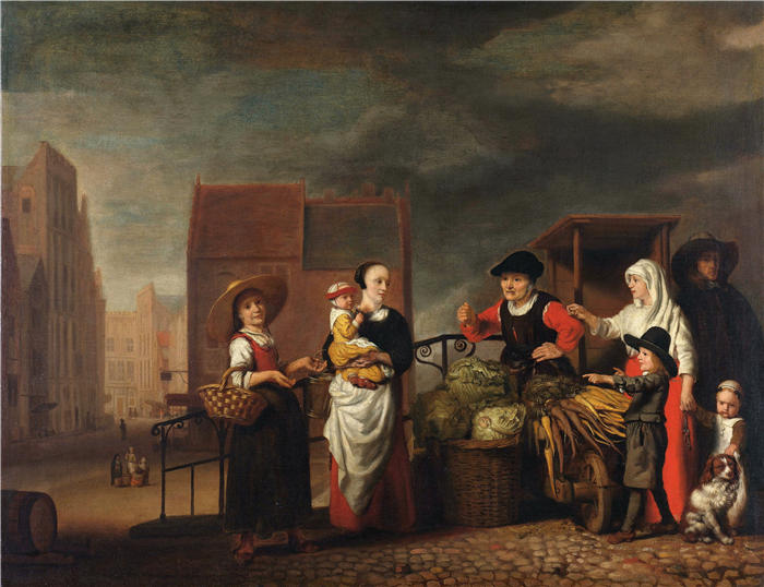尼古拉斯·梅斯(Nicolaes Maes,荷兰画家)高清作品-《菜市场 (1655 - 1665)》