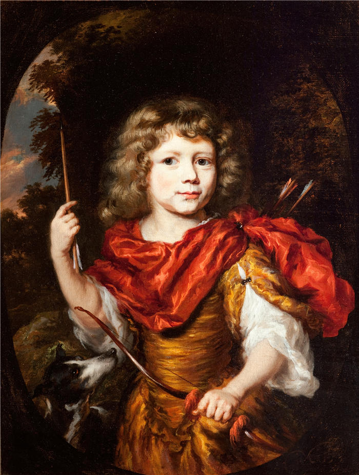尼古拉斯·梅斯(Nicolaes Maes,荷兰画家)高清作品-《带弓和狗的男孩的肖像(Amor)(1673 年)》