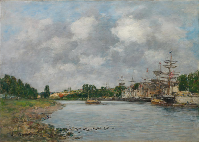 欧仁·布丁(Eugène Boudin,法国画家)高清作品-《Saint-Valéry-sur-Somme 港口的景色(1891 年)》