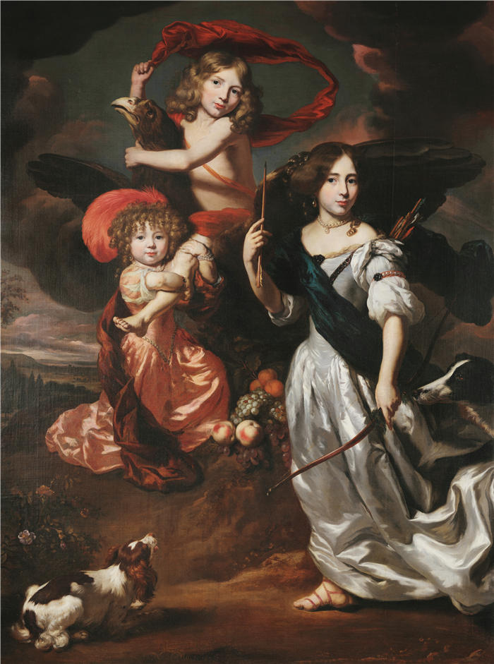 尼古拉斯·梅斯（Nicolaes Maes，荷兰画家）高清作品-《三个孩子的肖像，分别是谷神星、木卫三和戴安娜（1673 年）》