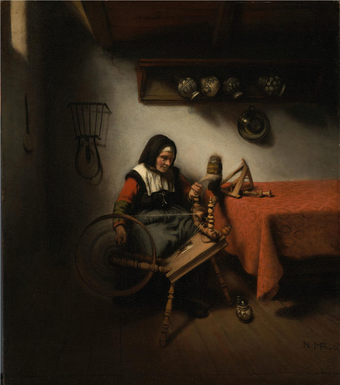尼古拉斯·梅斯(Nicolaes Maes,荷兰画家)高清作品-《老妇人纺纱 (1650 - 1660)》