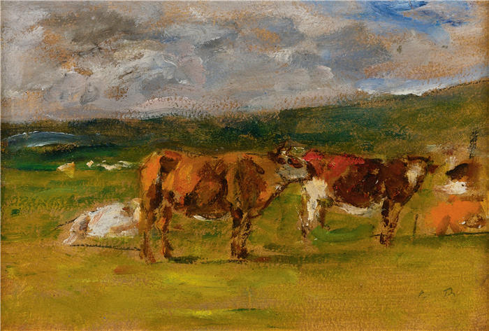 欧仁·布丁（Eugène Boudin，法国画家）高清作品-《Vaches Au Pâturage（练习曲）（约 1880-1885 年）》
