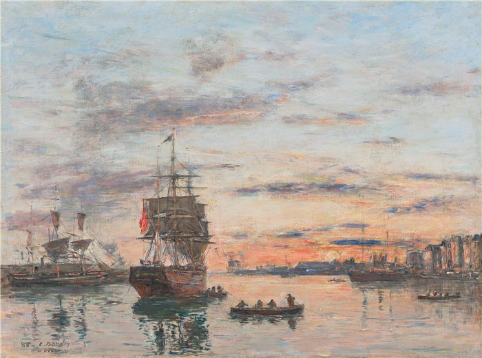欧仁·布丁(Eugène Boudin,法国画家)高清作品-《勒阿弗尔,L'avant 港口 (1885)》