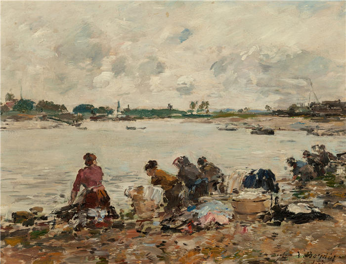欧仁·布丁(Eugène Boudin,法国画家)高清作品-《拉图克边缘的洗衣人(1894年)(1)》