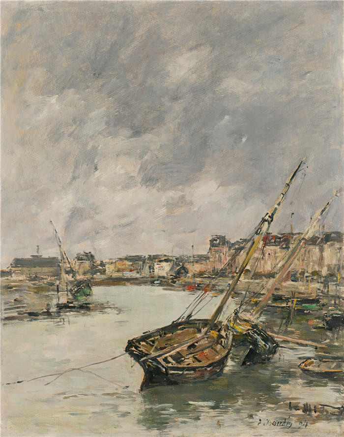欧仁·布丁(Eugène Boudin,法国画家)高清作品-《特鲁维尔,港口,低潮(1894年)》