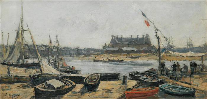 欧仁·布丁（Eugène Boudin，法国画家）高清作品-《特鲁维尔，码头奖港口视图（1872年）》