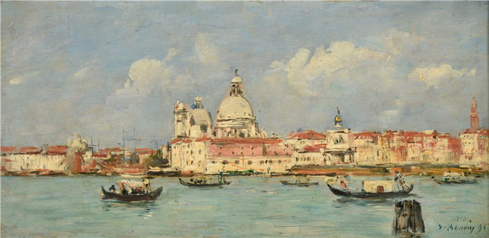 欧仁·布丁（Eugène Boudin，法国画家）高清作品-《威尼斯的海关和圣母院（1895年）》