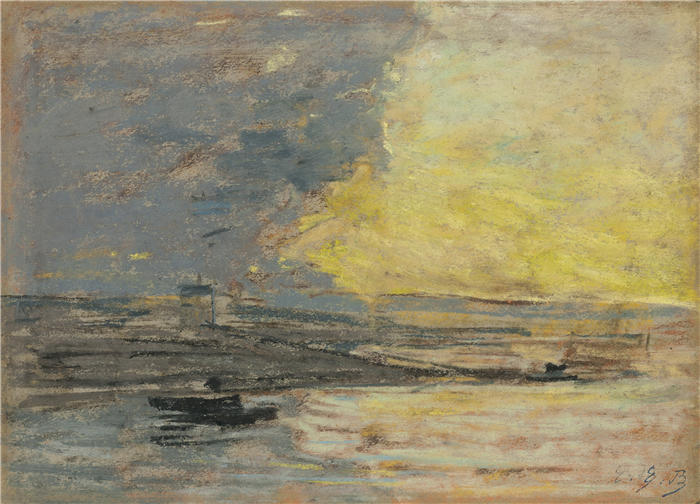欧仁·布丁（Eugène Boudin，法国画家）高清作品-《翁弗勒尔港海滨（约 1860 年）》