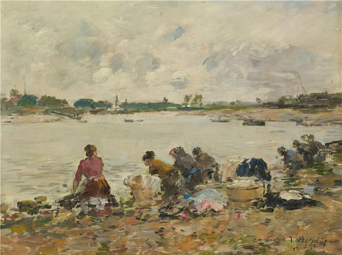 欧仁·布丁(Eugène Boudin,法国画家)高清作品-《拉图克边缘的洗衣人(1894年)》