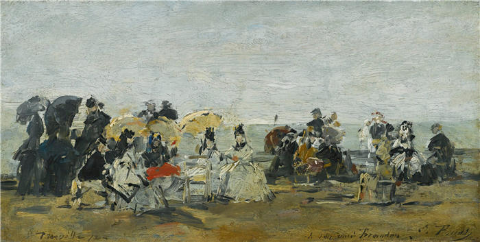 欧仁·布丁(Eugène Boudin,法国画家)高清作品-《海滩上的场景 À Trouville (1872)》