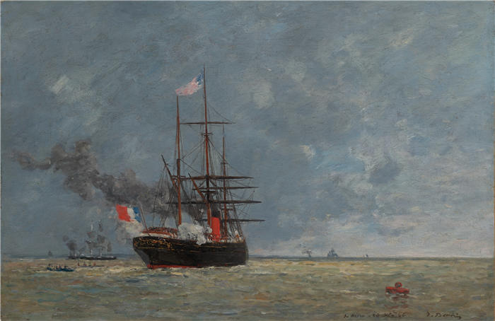 欧仁·布丁(Eugène Boudin,法国画家)高清作品-《勒阿弗尔,海上船只(1866年)》