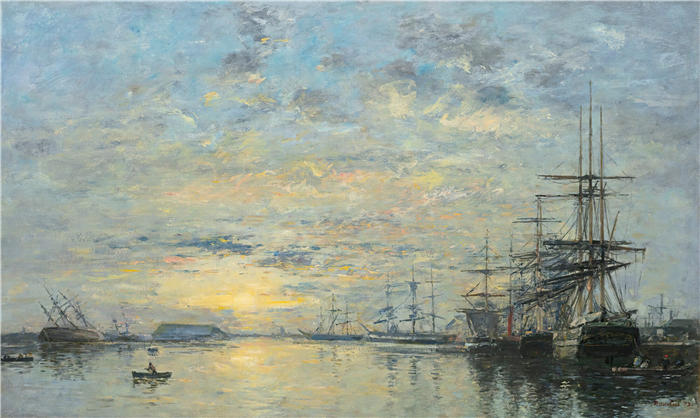 欧仁·布丁(Eugène Boudin,法国画家)高清作品-《勒阿弗尔,Bassin De L'eure (1872)》