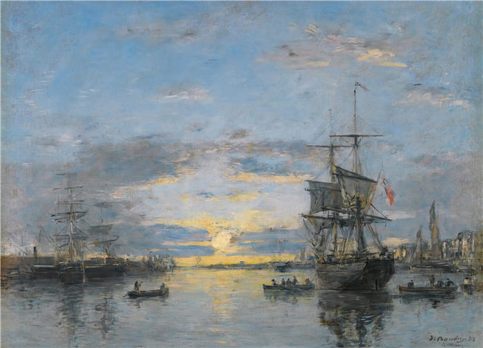 欧仁·布丁(Eugène Boudin,法国画家)高清作品-《勒阿弗尔。L'avant-Port Au Soleil Couchant (1882)》