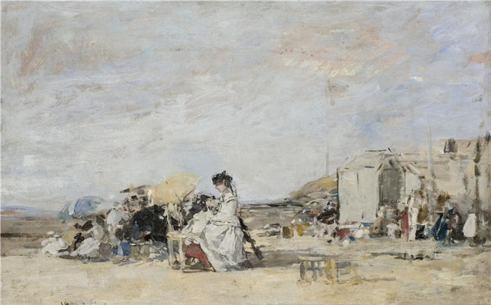 欧仁·布丁（Eugène Boudin，法国画家）高清作品-《特鲁维尔海滩上的白衣女郎 (1869)》