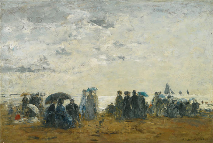 欧仁·布丁(Eugène Boudin,法国画家)高清作品-《海滩上的场景 À Trouville (1868)》