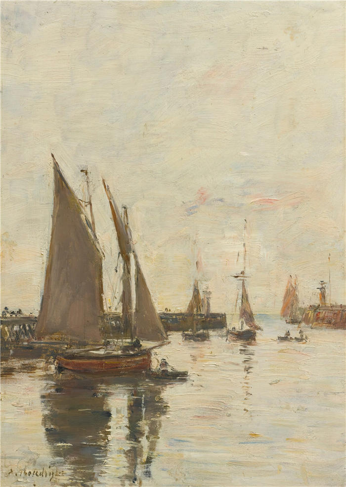 欧仁·布丁（Eugène Boudin，法国画家）高清作品-《特鲁维尔，Les Jetées Marée Haute（约 1885-90 年）》