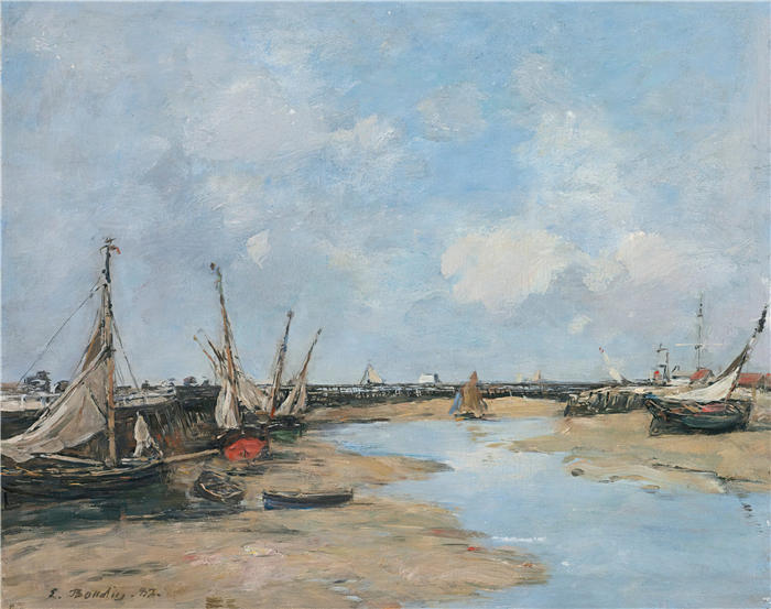 欧仁·布丁（Eugène Boudin，法国画家）高清作品-《特鲁维尔，码头，低潮（1888年）》