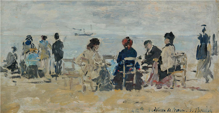 欧仁·布丁(Eugène Boudin,法国画家)高清作品-《海滩场景(约 1883-87 年)》